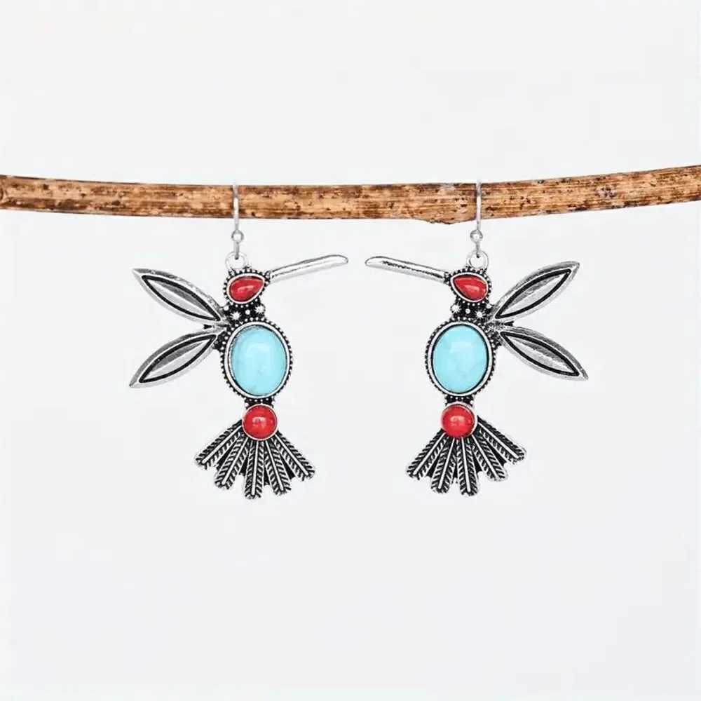Hummingbird Red Blue Turquoise Dangle Earrings